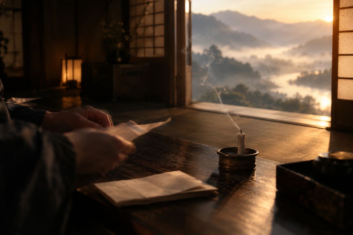 夜明けの山と川を望む部屋で、書き終えた手紙をたたむ手元