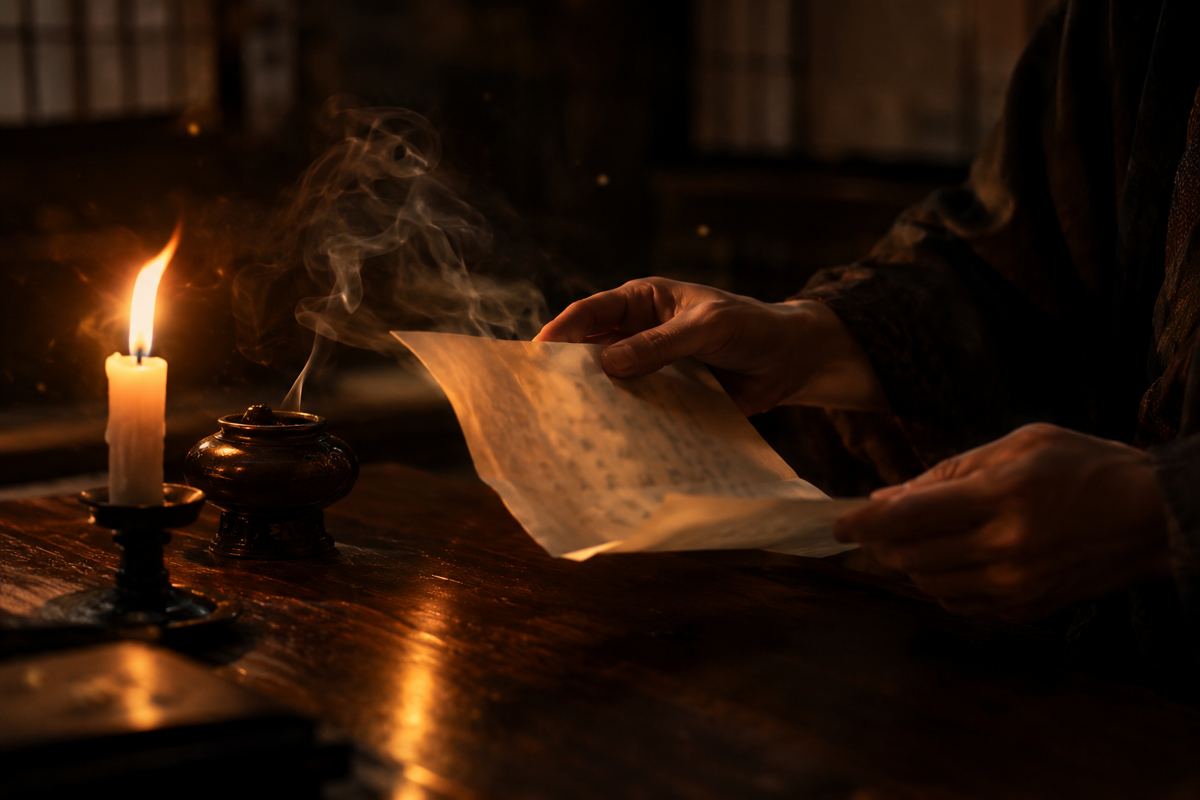 香炉のそばで手紙を読む手元